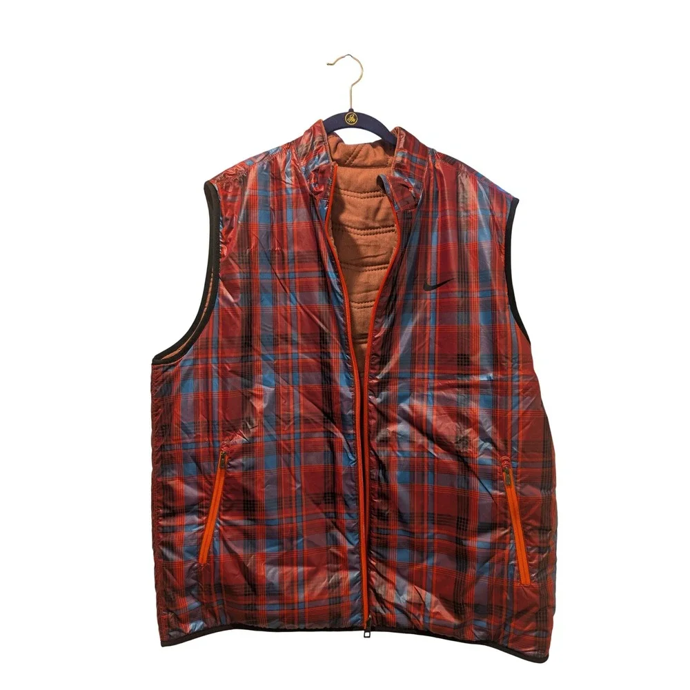 Nike Reversible Puffer Vest Mens Burnt Orange Quilted Plaid Full Zip‎ 0354
